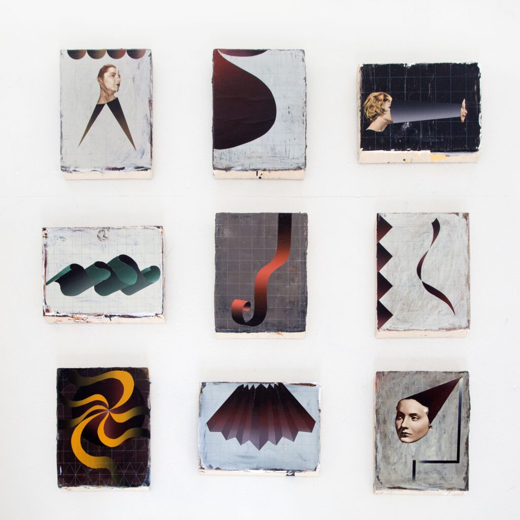 Liquid Scarlet II, oil and paper on canvas, each 40x30 cm, 2013