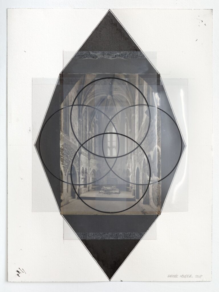 Untitled, acrylic, fix ink, foil and collage on paper, 61x46 cm, 2018