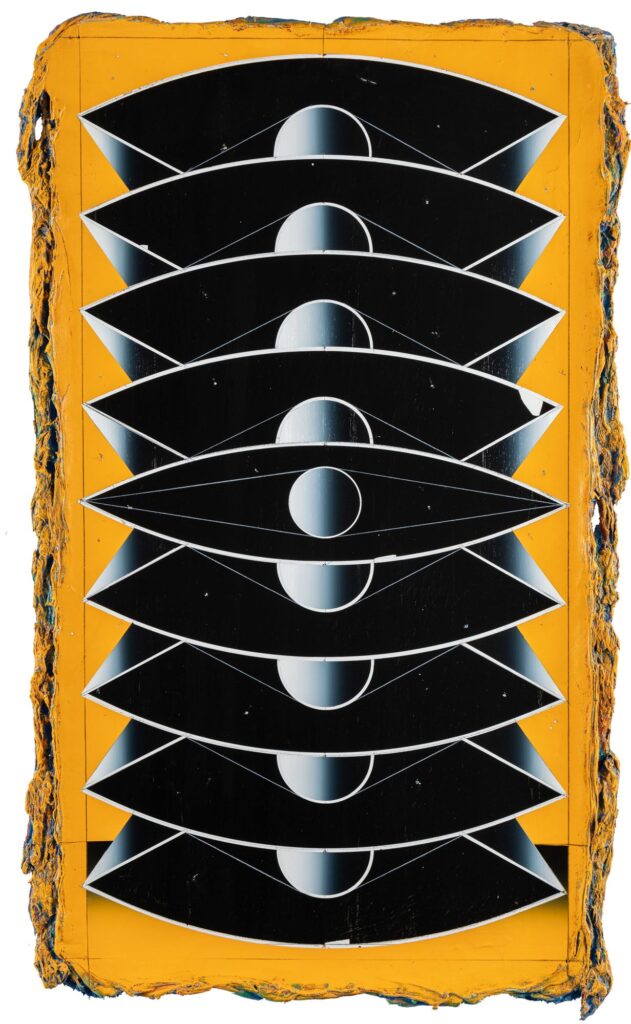 Untitled, acrylic and wax pastel on wooden panel, 140x75cm, 2023