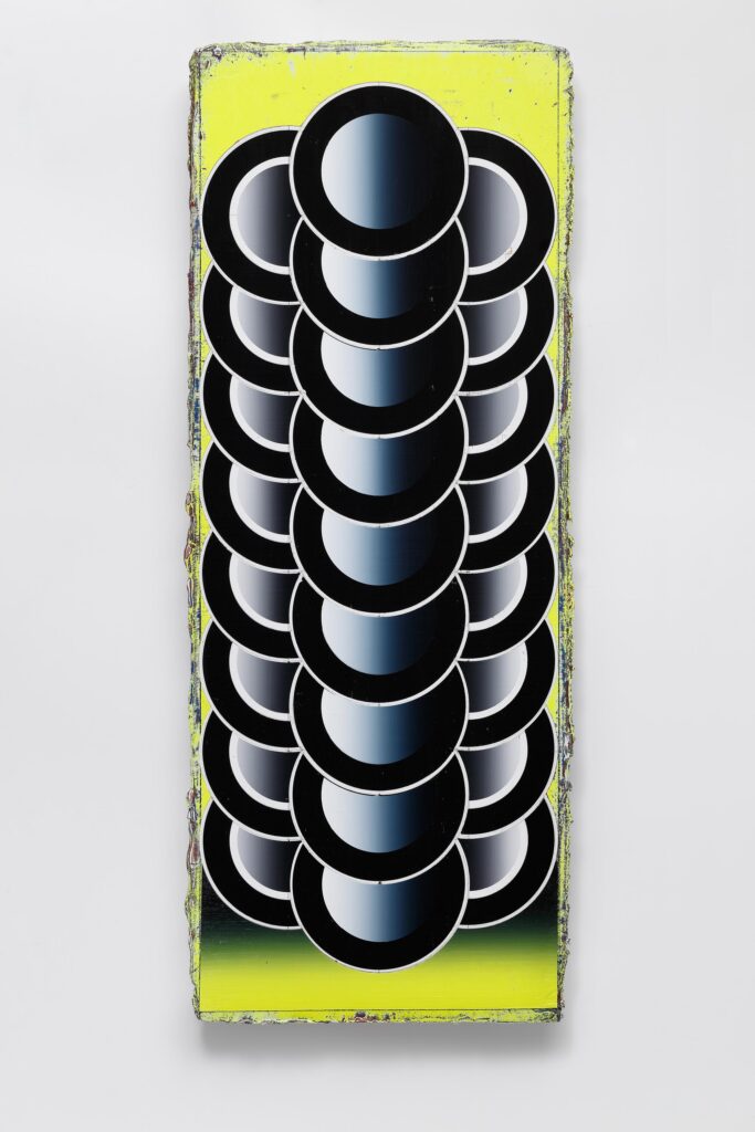 Untitled, acrylic and wax pastel on wood board, 2024